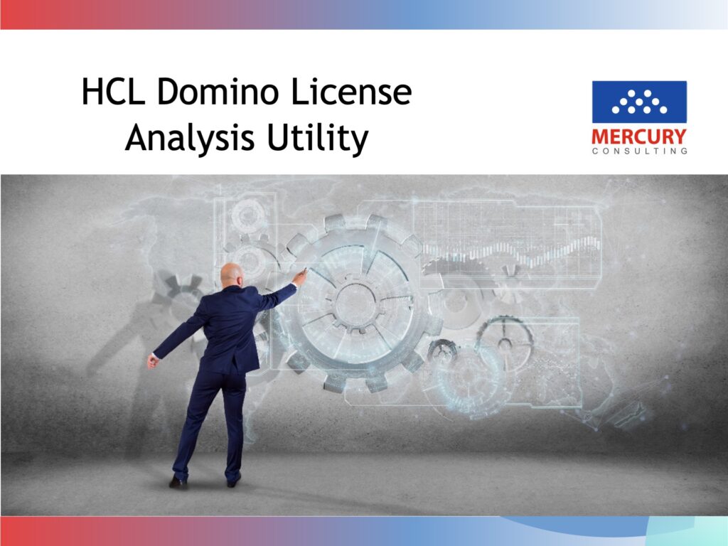 Image text: HCL Domino License Analysis Utility. Image of man drawing a gear on a virtual whiteboard